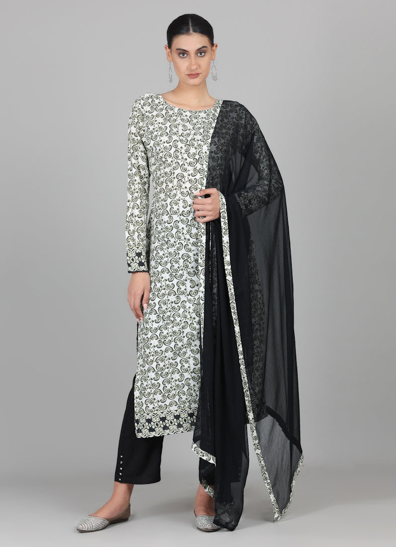 Black Rayon Ditzzy Printed Straight Cut Suit Set