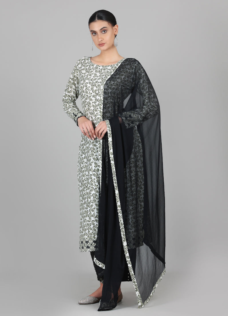 Black Rayon Ditzzy Printed Straight Cut Suit Set