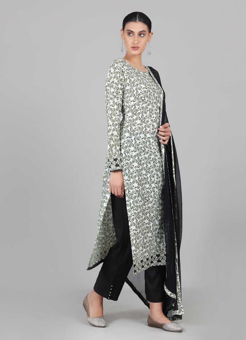 Black Rayon Ditzzy Printed Straight Cut Suit Set