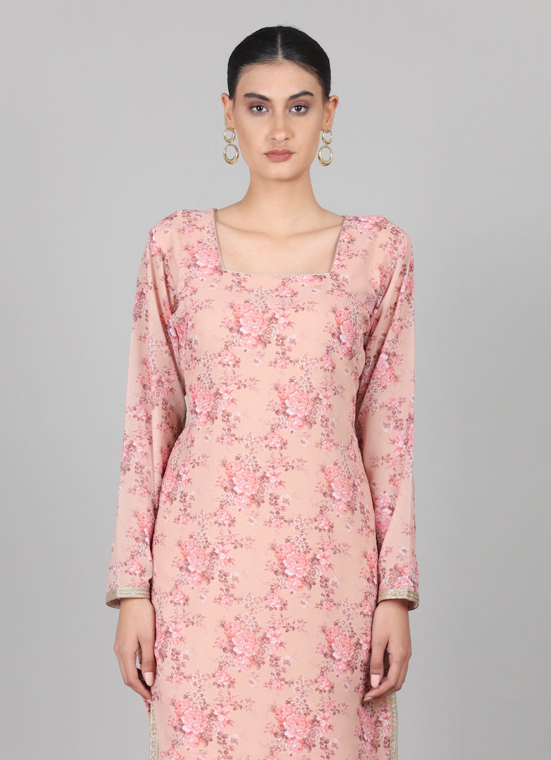 Mouse Brown Straight Cut Floral Printed Suit Set