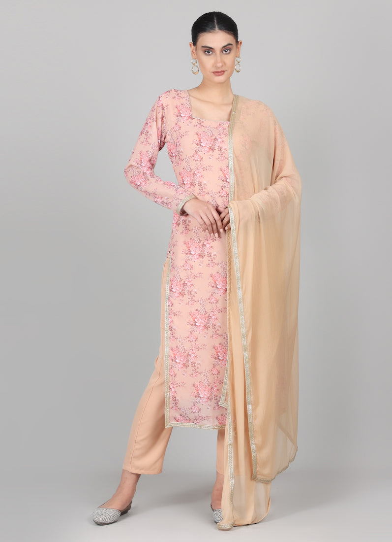 Mouse Brown Straight Cut Floral Printed Suit Set