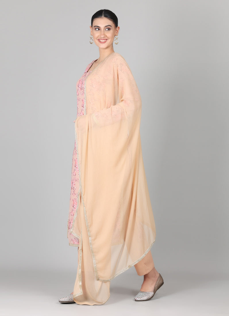 Mouse Brown Straight Cut Floral Printed Suit Set