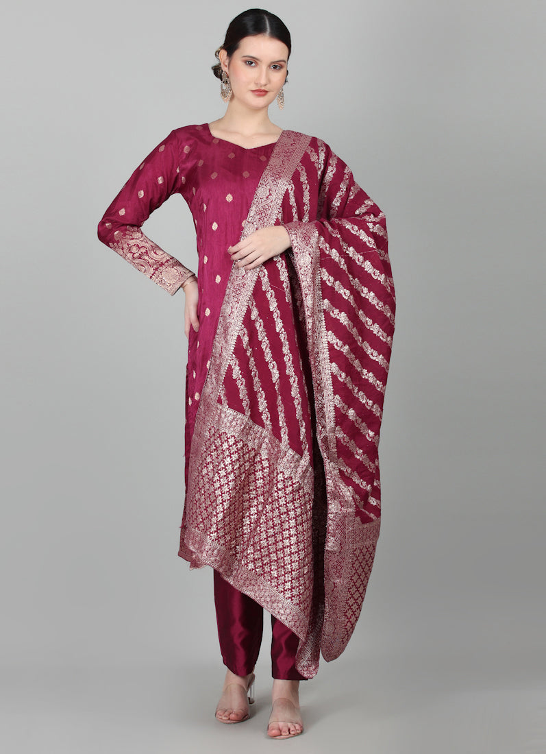 Wine Georgette Jacquard Suit Set