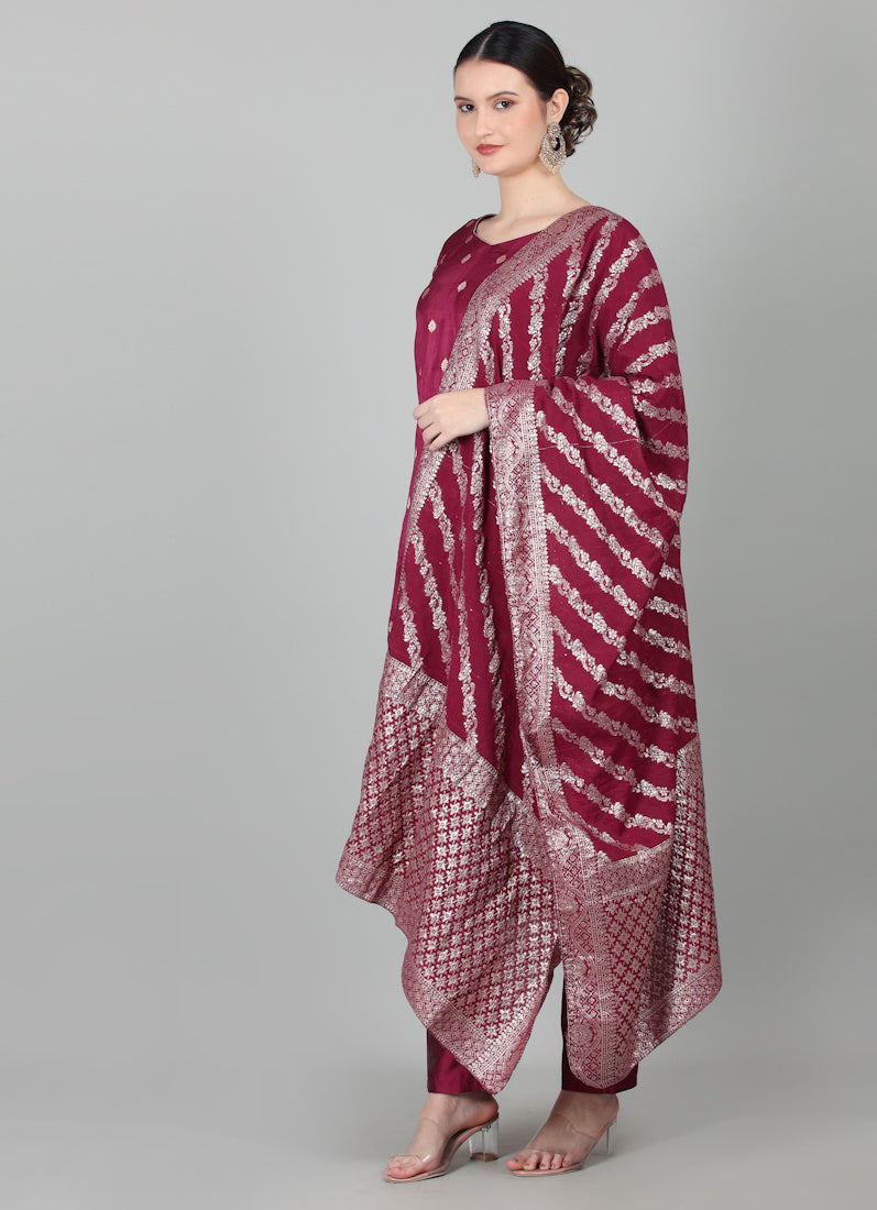 Wine Georgette Jacquard Suit Set