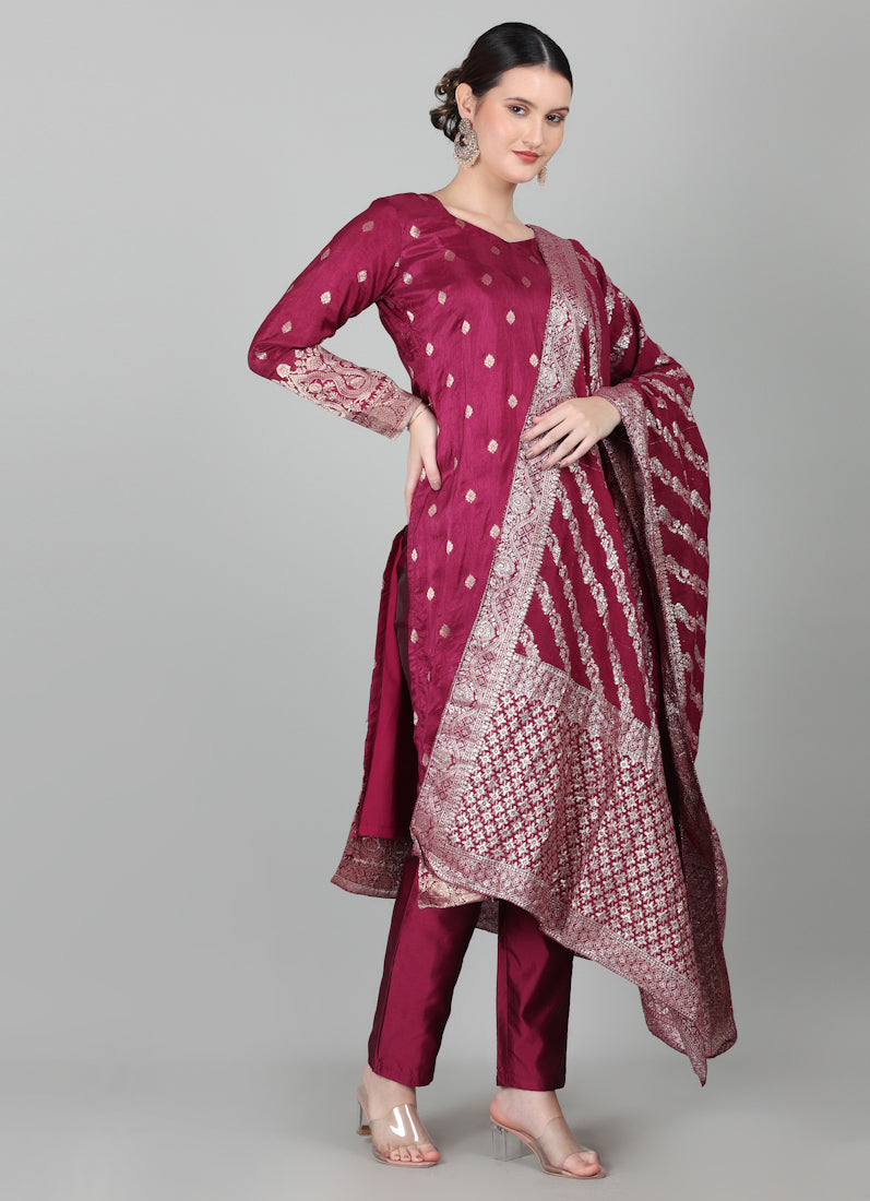 Wine Georgette Jacquard Suit Set