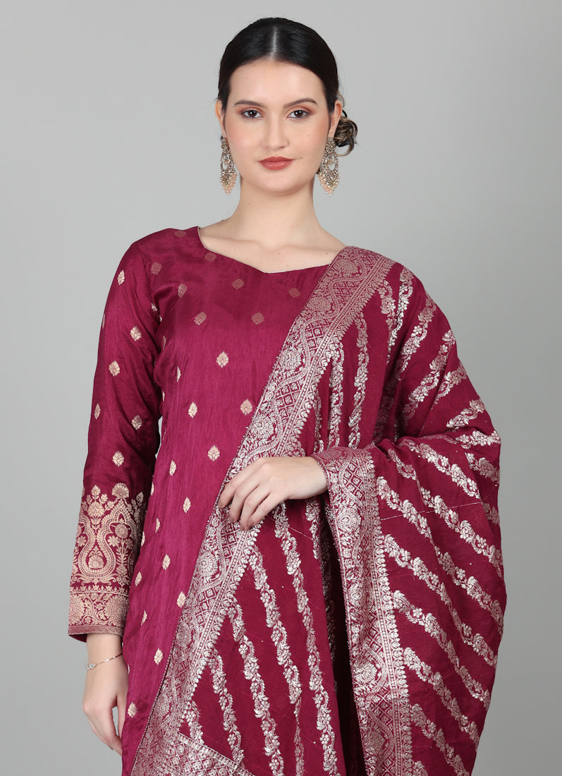Wine Georgette Jacquard Suit Set