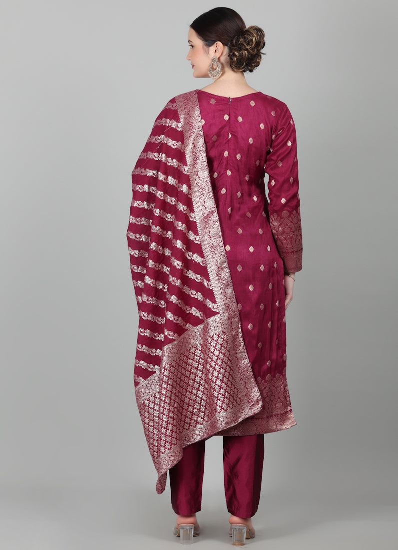 Wine Georgette Jacquard Suit Set