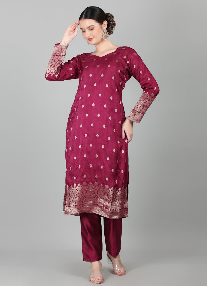Wine Georgette Jacquard Suit Set
