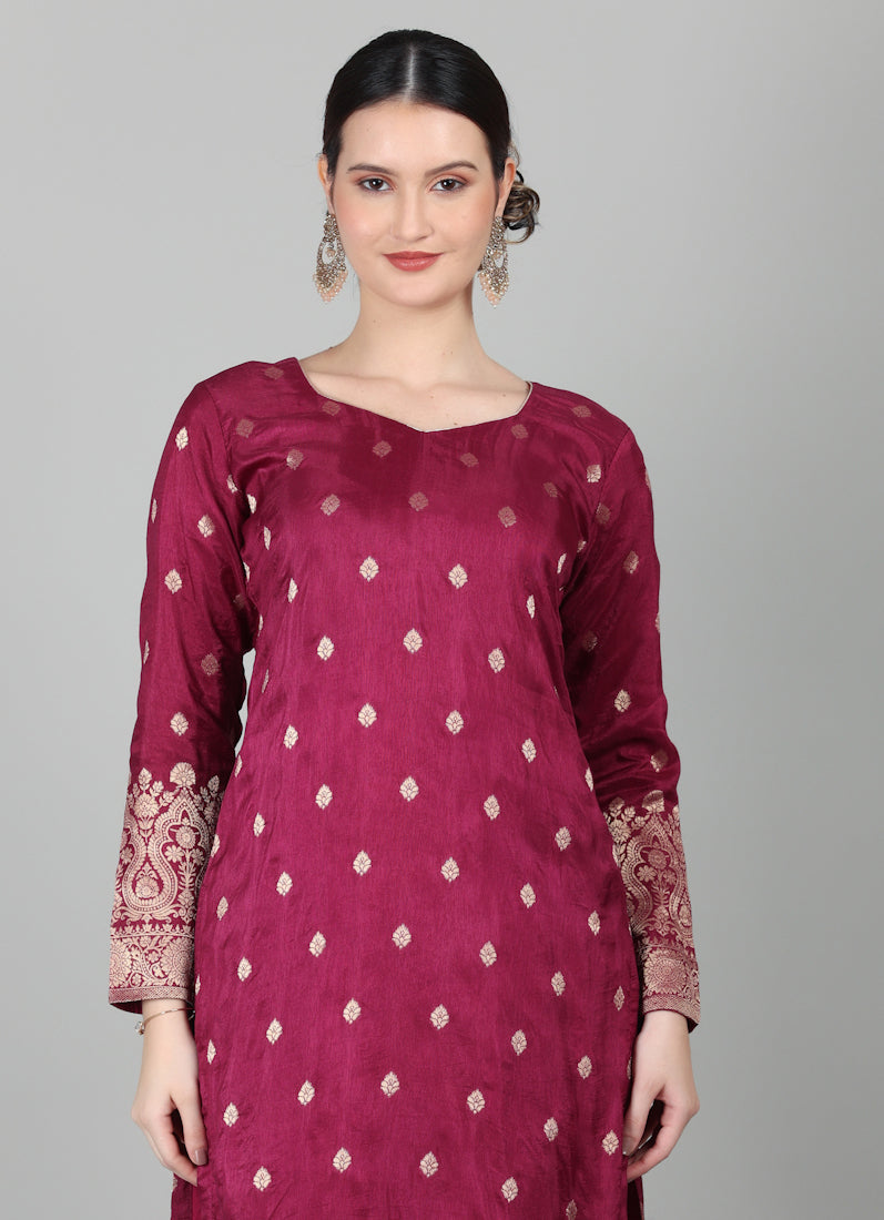 Wine Georgette Jacquard Suit Set