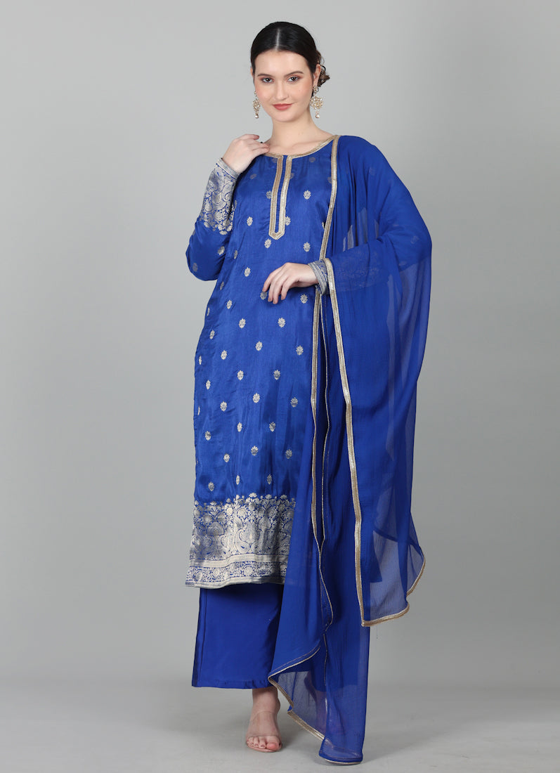 Royal Blue Georgette Jacquard Suit Set