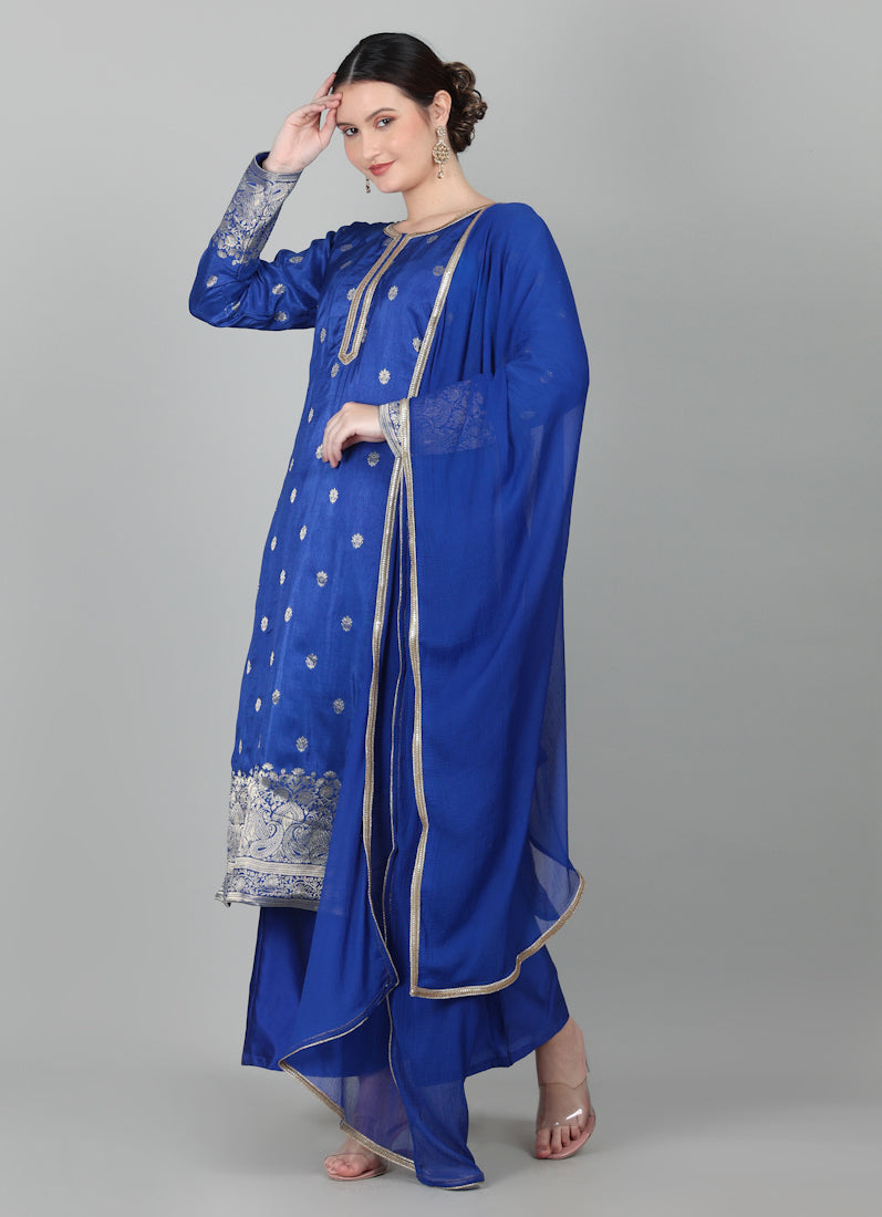 Royal Blue Georgette Jacquard Suit Set