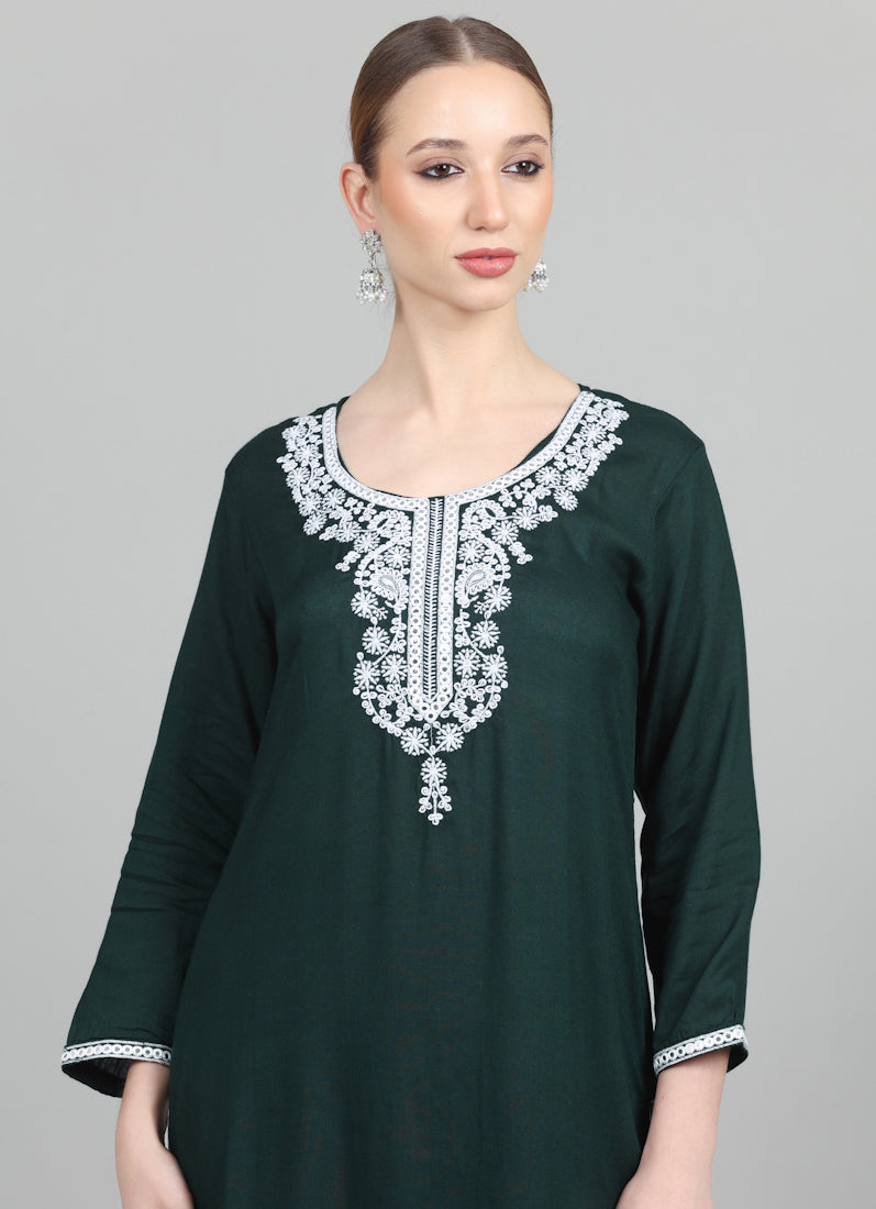 Dark Green Thread Embroidered Suit Set