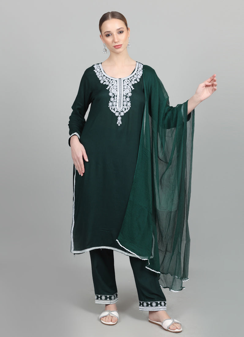 Dark Green Thread Embroidered Suit Set