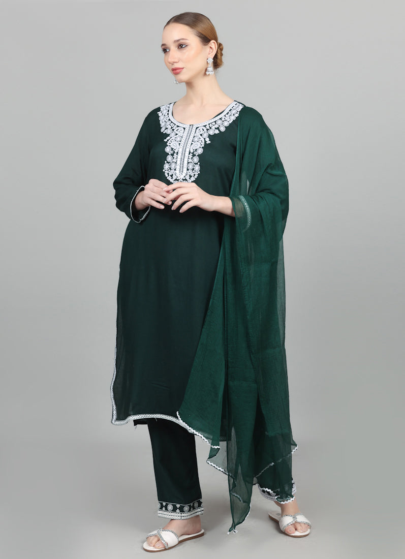 Dark Green Thread Embroidered Suit Set