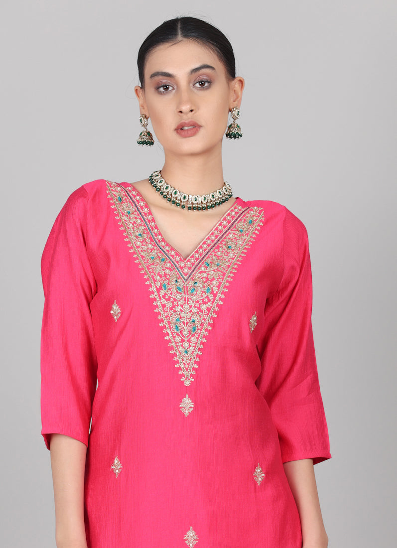 Magenta Silk Thread Embroidered Suit Set