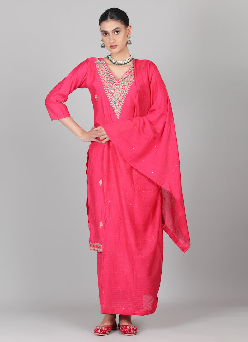 Magenta Silk Thread Embroidered Suit Set