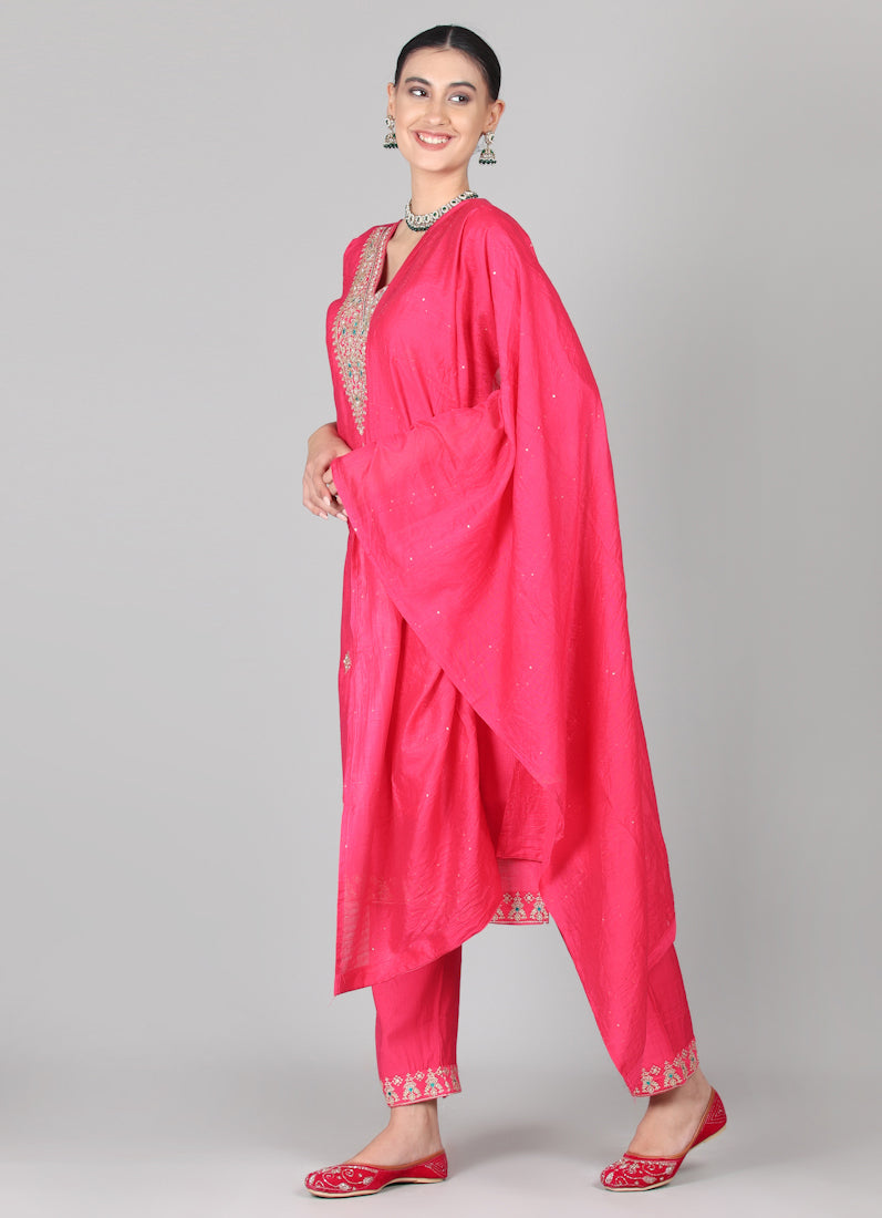 Magenta Silk Thread Embroidered Suit Set