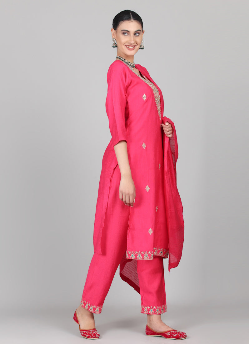 Magenta Silk Thread Embroidered Suit Set