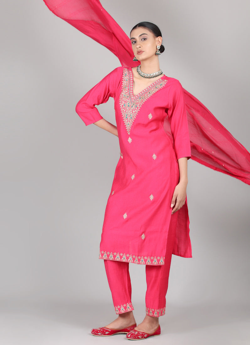 Magenta Silk Thread Embroidered Suit Set