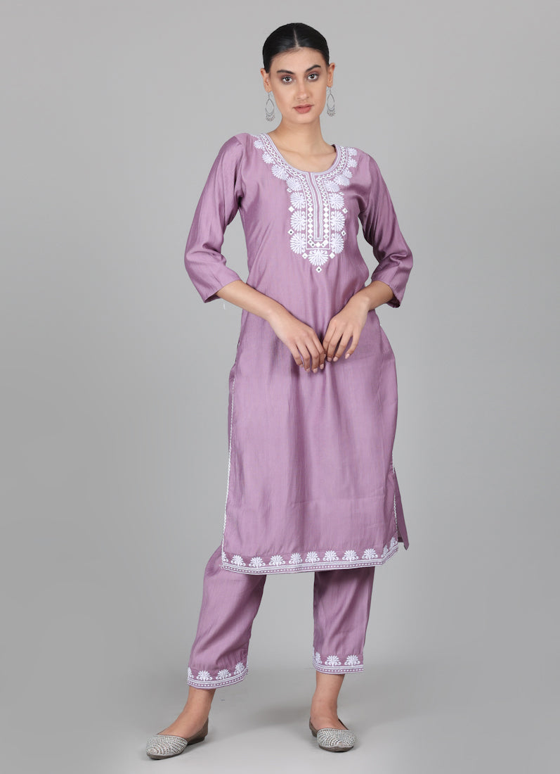 Lilac Silk Thread Embroidered Suit Set