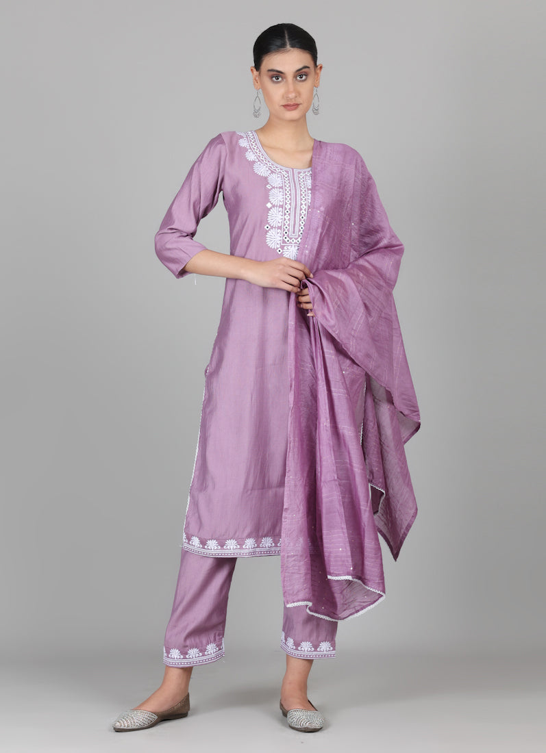 Lilac Silk Thread Embroidered Suit Set
