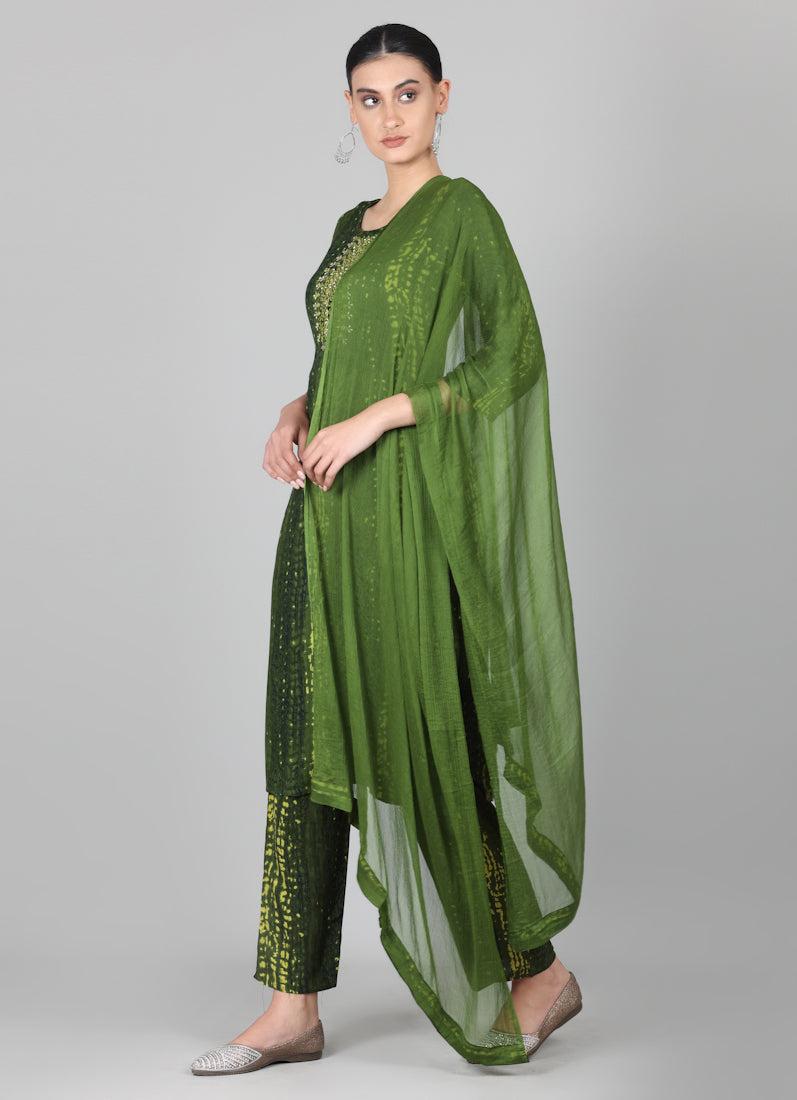 Green Rayon Thread Sippi Embroidered Suit Set