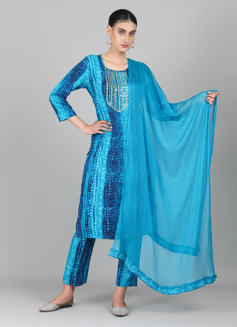 Blue Rayon Thread Sequin Embroidered Suit Set