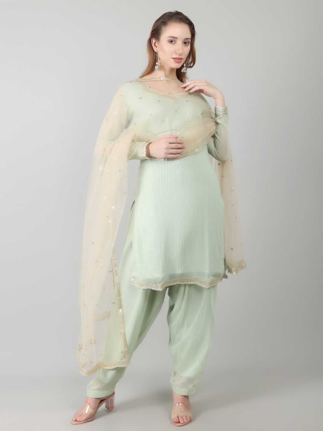 Mint Green Georgette Lurex  Suit