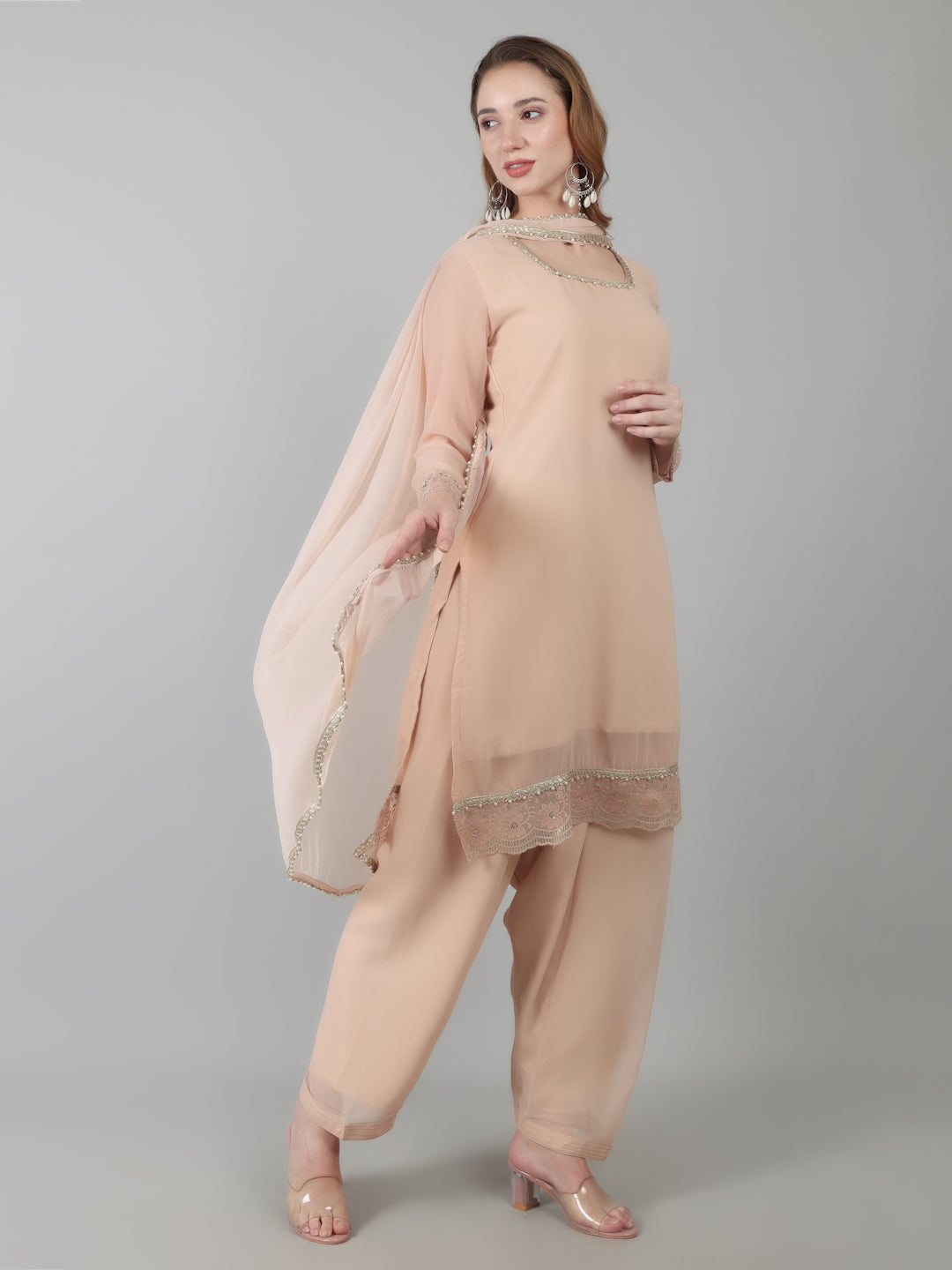Peach Georgette Lace Suit Set