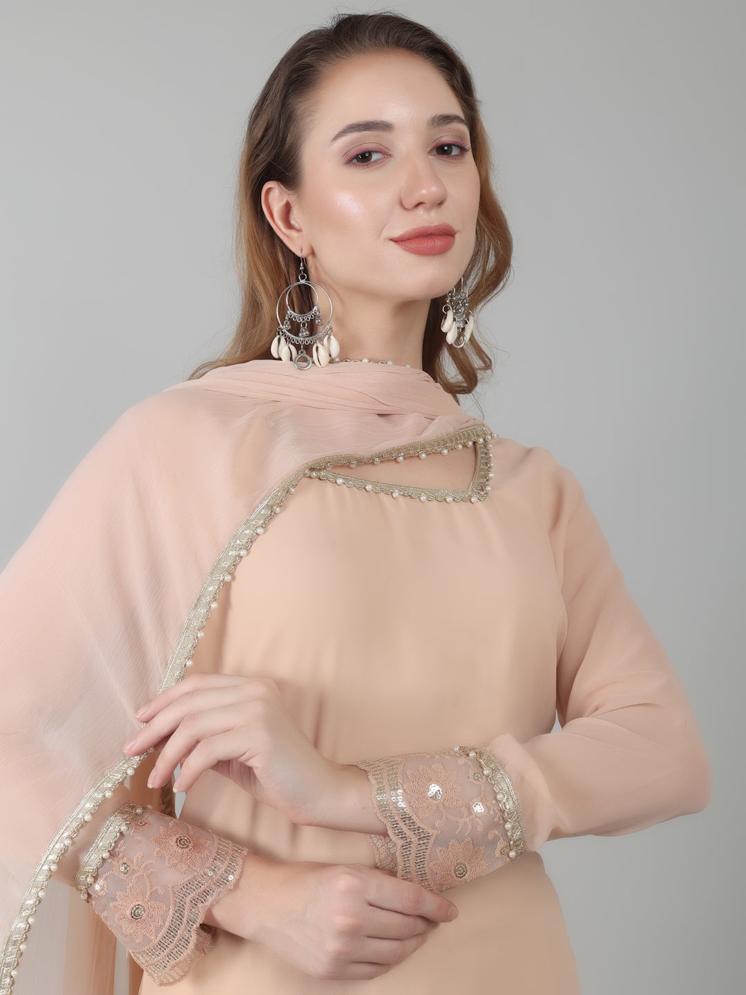 Peach Georgette Lace Suit Set