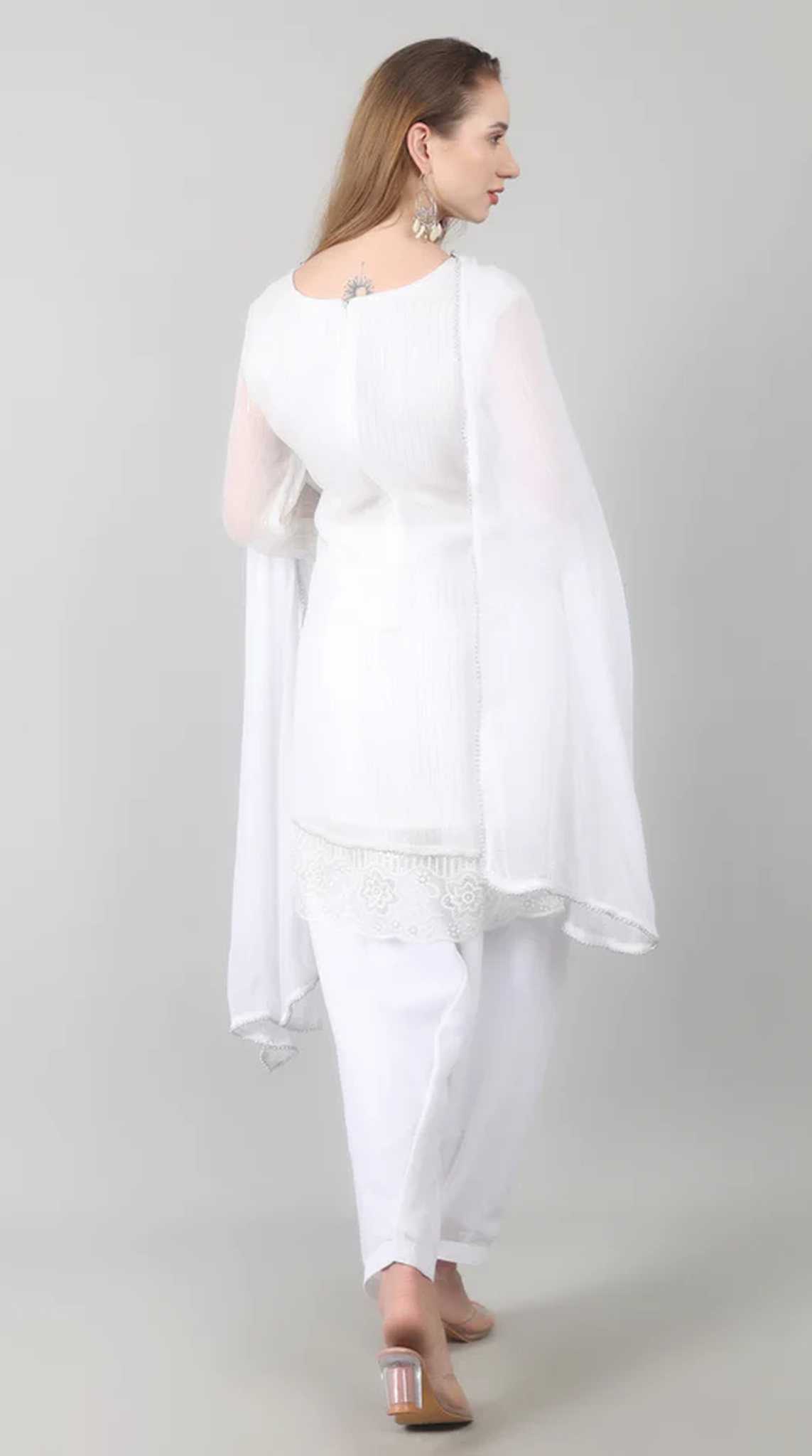 White Georgette Lurex Lace Suit Set