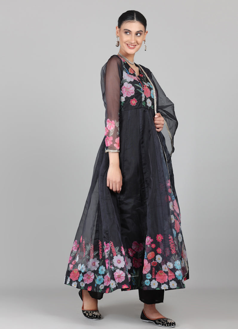 Black Organza Floral Printed Suit Set