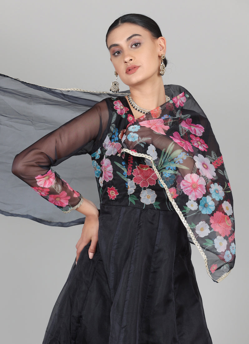 Black Organza Floral Printed Suit Set