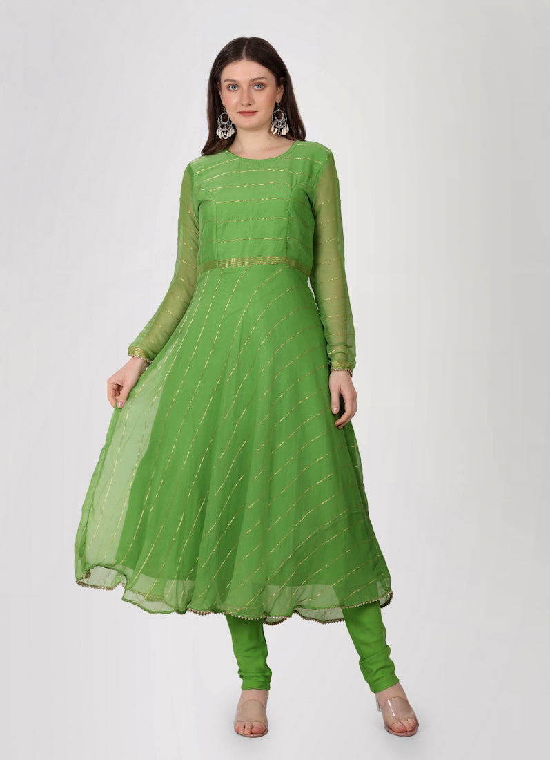 Green Bias Cut Georgette Lurex Suit Set