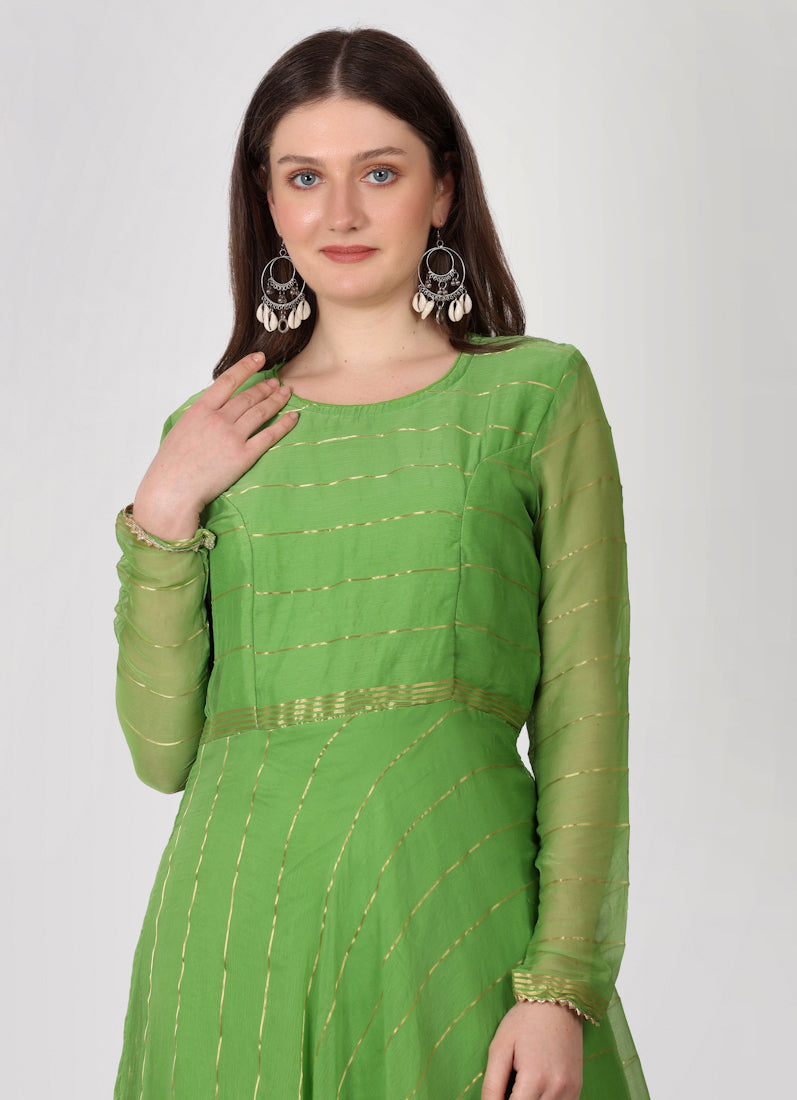 Green Bias Cut Georgette Lurex Suit Set