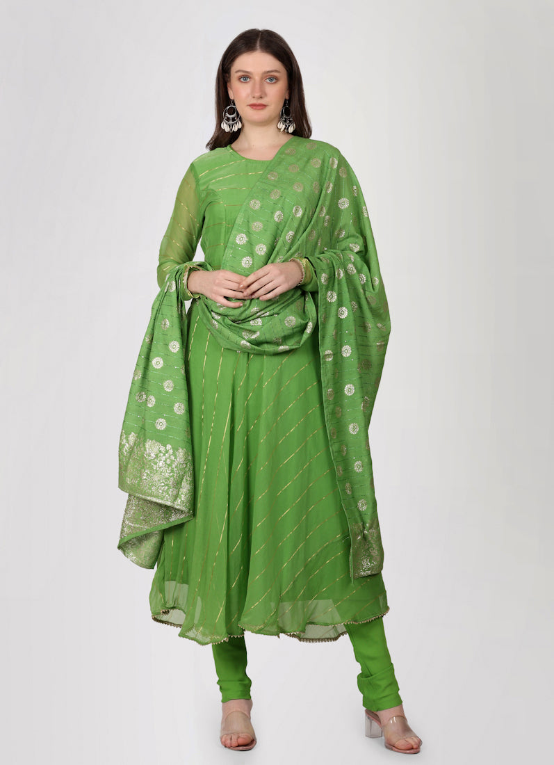 Green Bias Cut Georgette Lurex Suit Set
