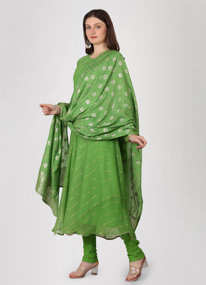 Green Bias Cut Georgette Lurex Suit Set