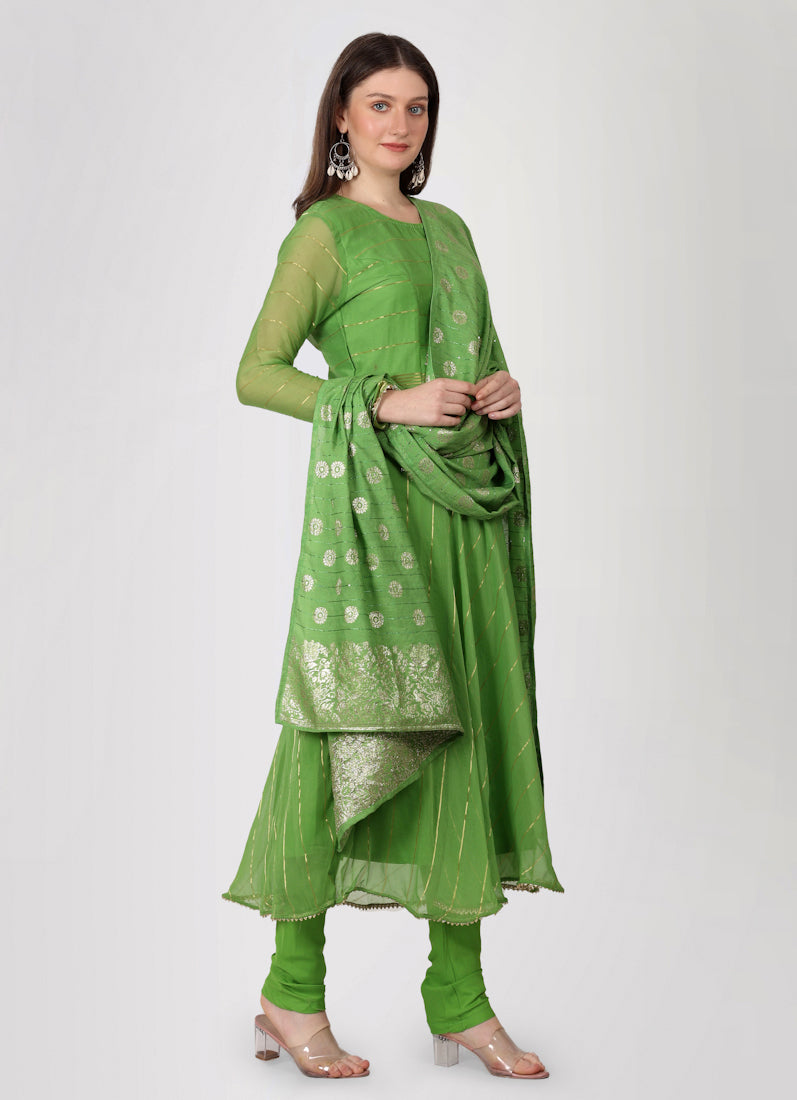 Green Bias Cut Georgette Lurex Suit Set