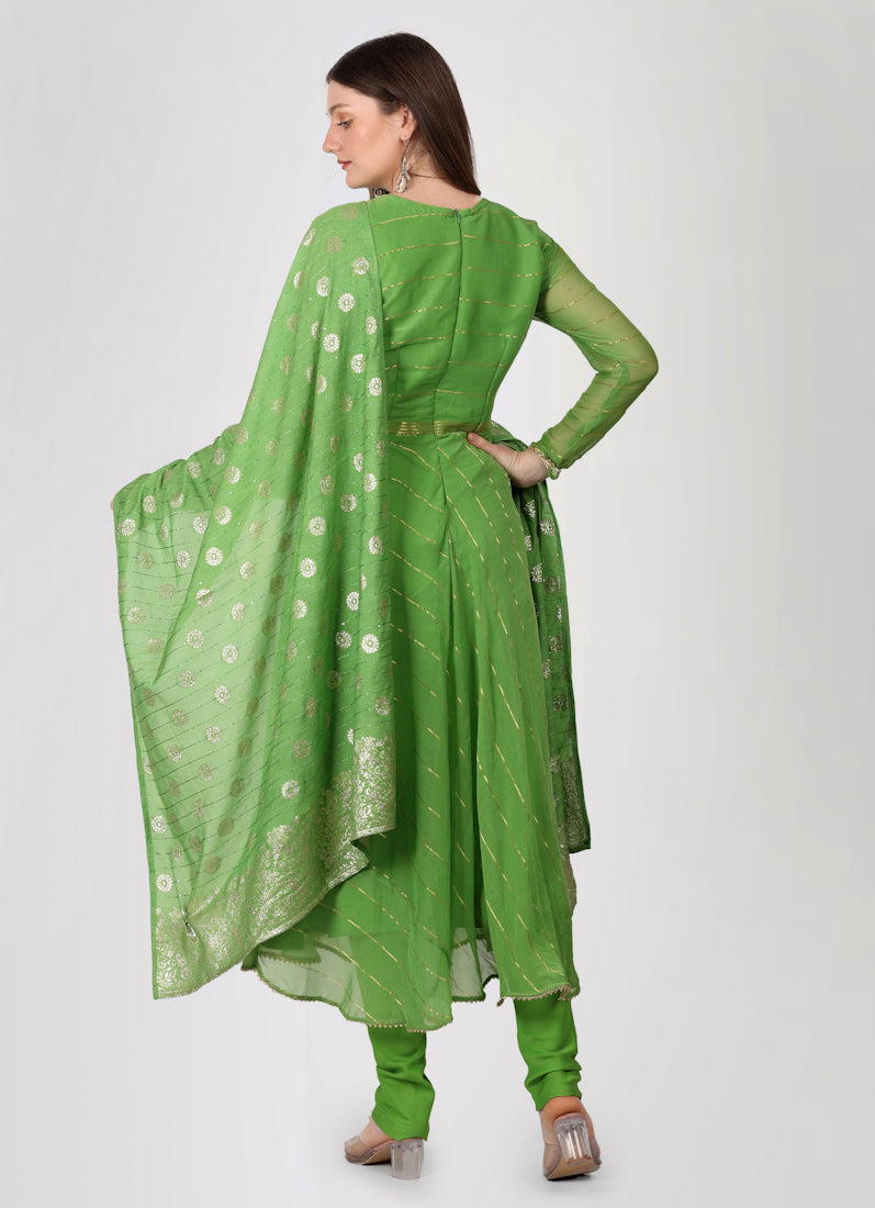 Green Bias Cut Georgette Lurex Suit Set