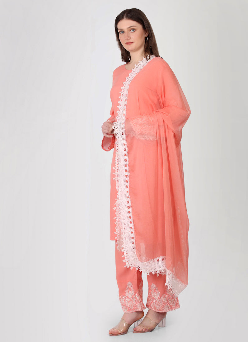 Peach Rayon Crochet Lace Suit Set