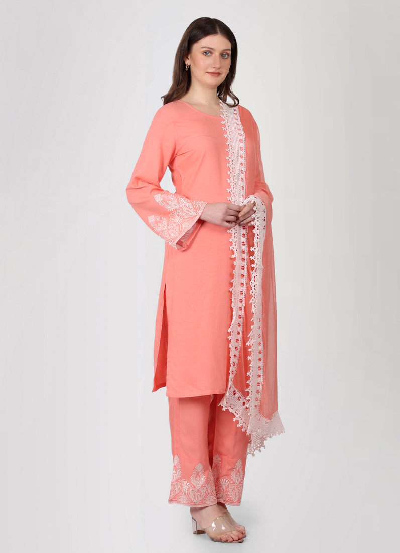 Peach Rayon Crochet Lace Suit Set
