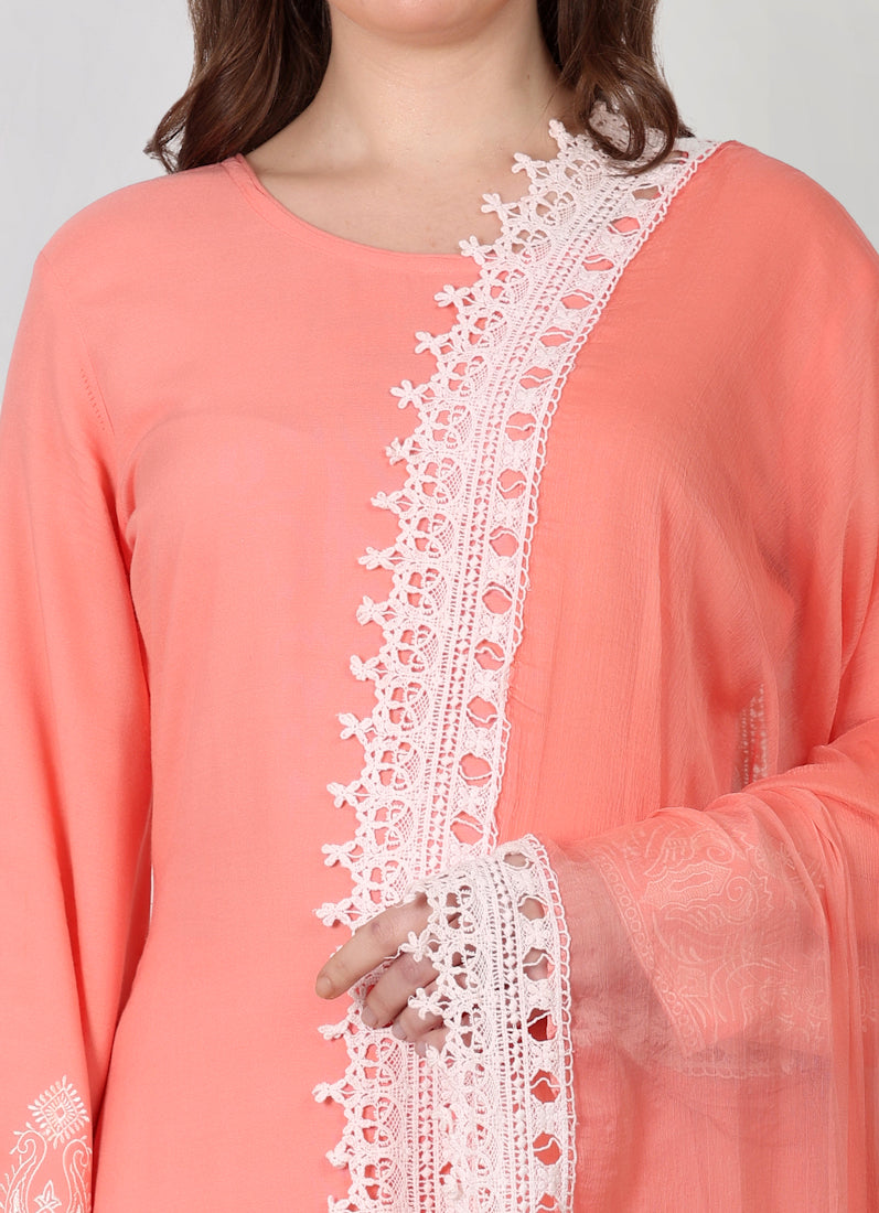 Peach Rayon Crochet Lace Suit Set