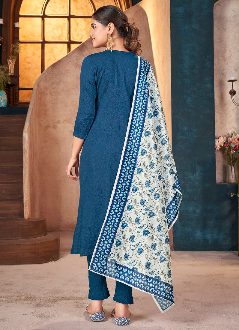 Blue Moss Crepe Straight cut Suit Set