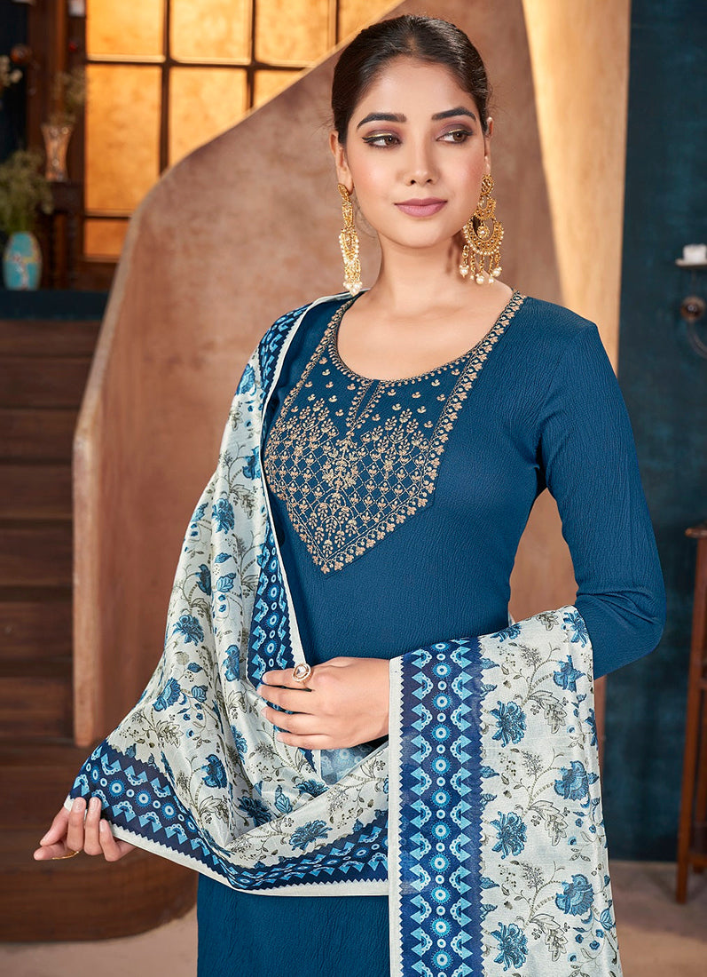 Blue Moss Crepe Straight cut Suit Set