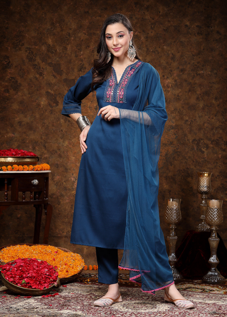 Blue Moss Crepe Straight Suit Set