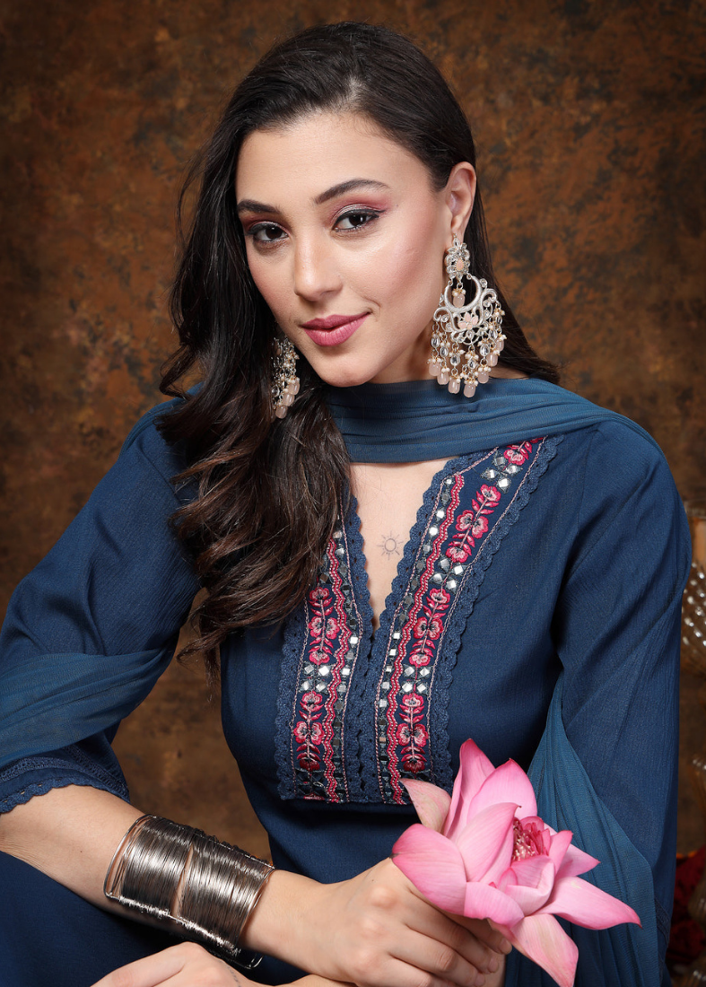 Blue Moss Crepe Straight Suit Set