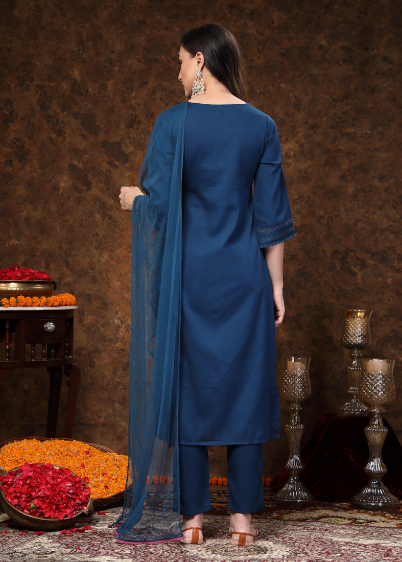 Blue Moss Crepe Straight Suit Set