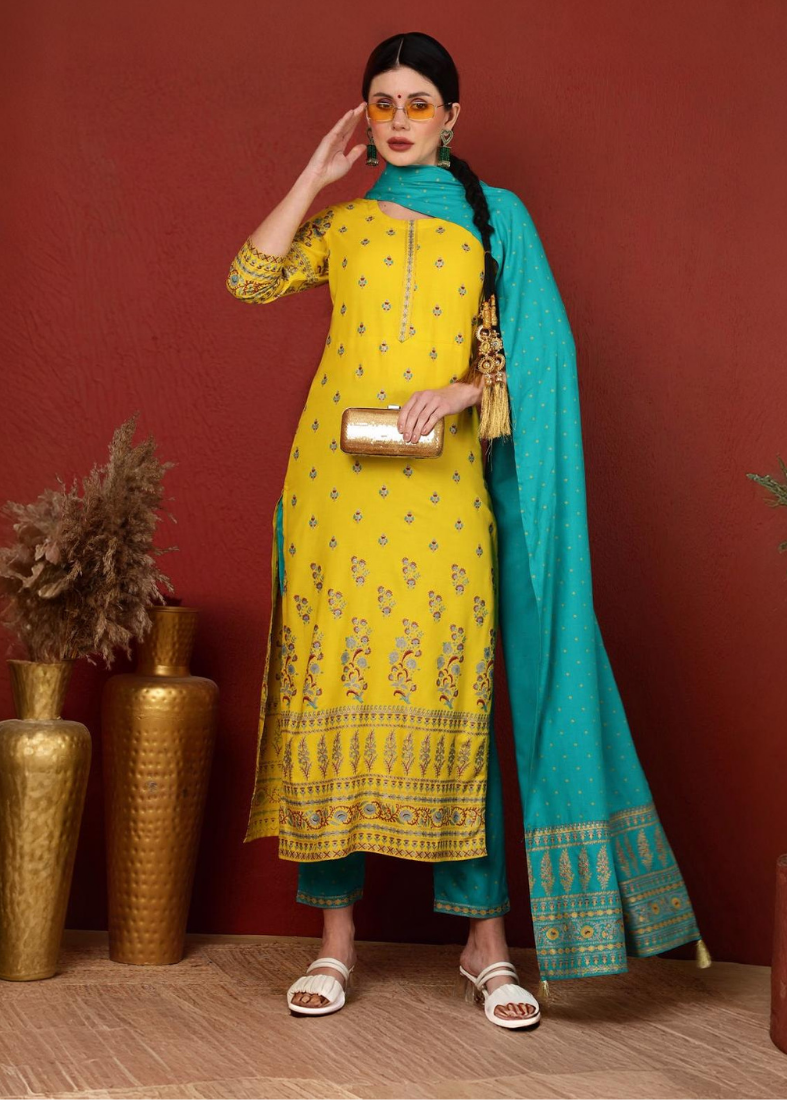 Yellow Rayon Straight Cut Suit Set