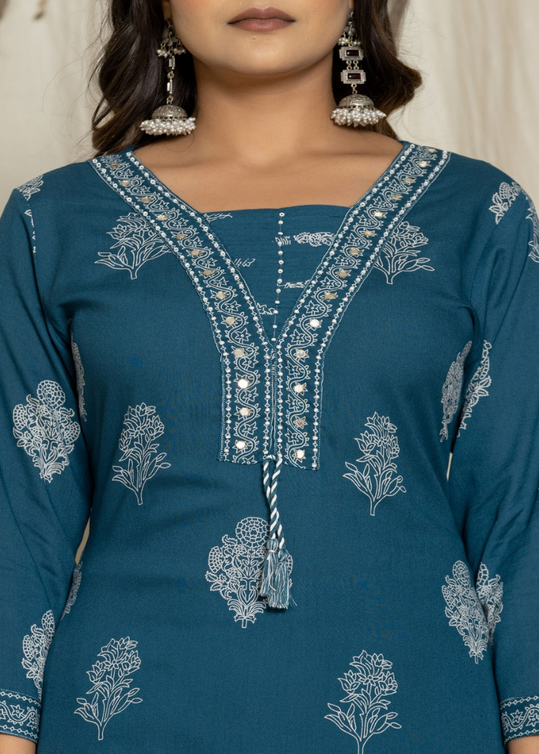 Blue Rayon Straight Cut Suit Set