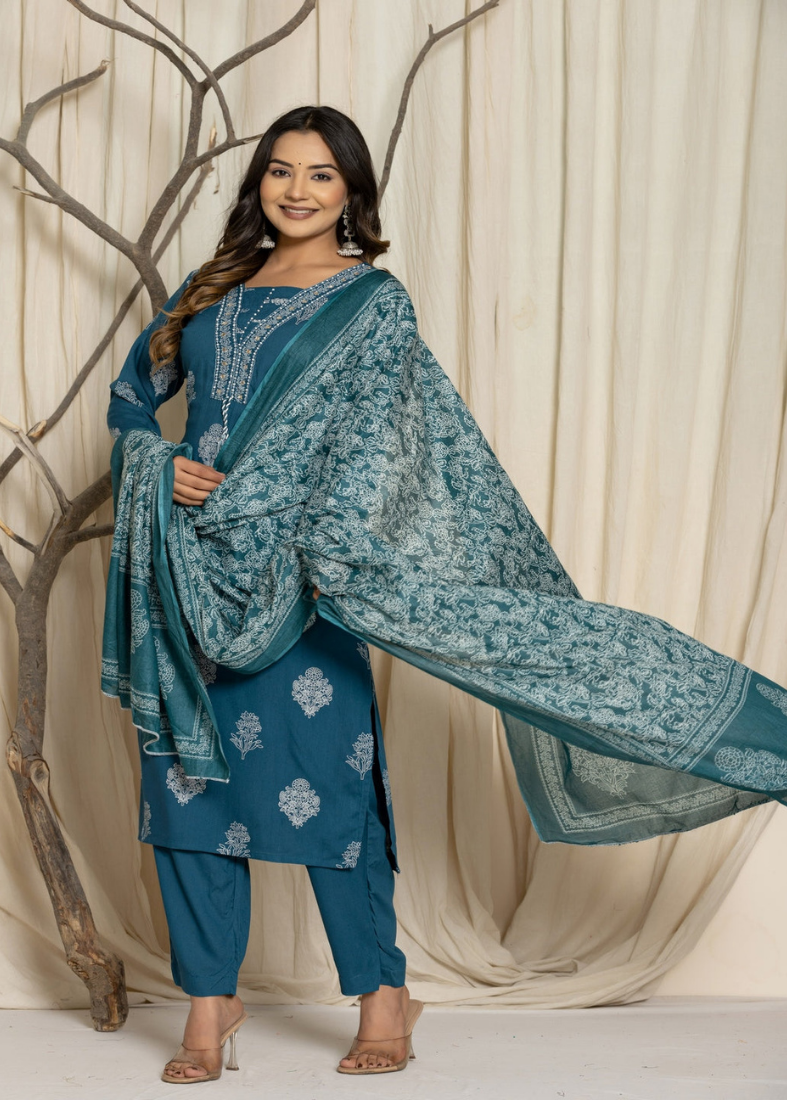 Blue Rayon Straight Cut Suit Set